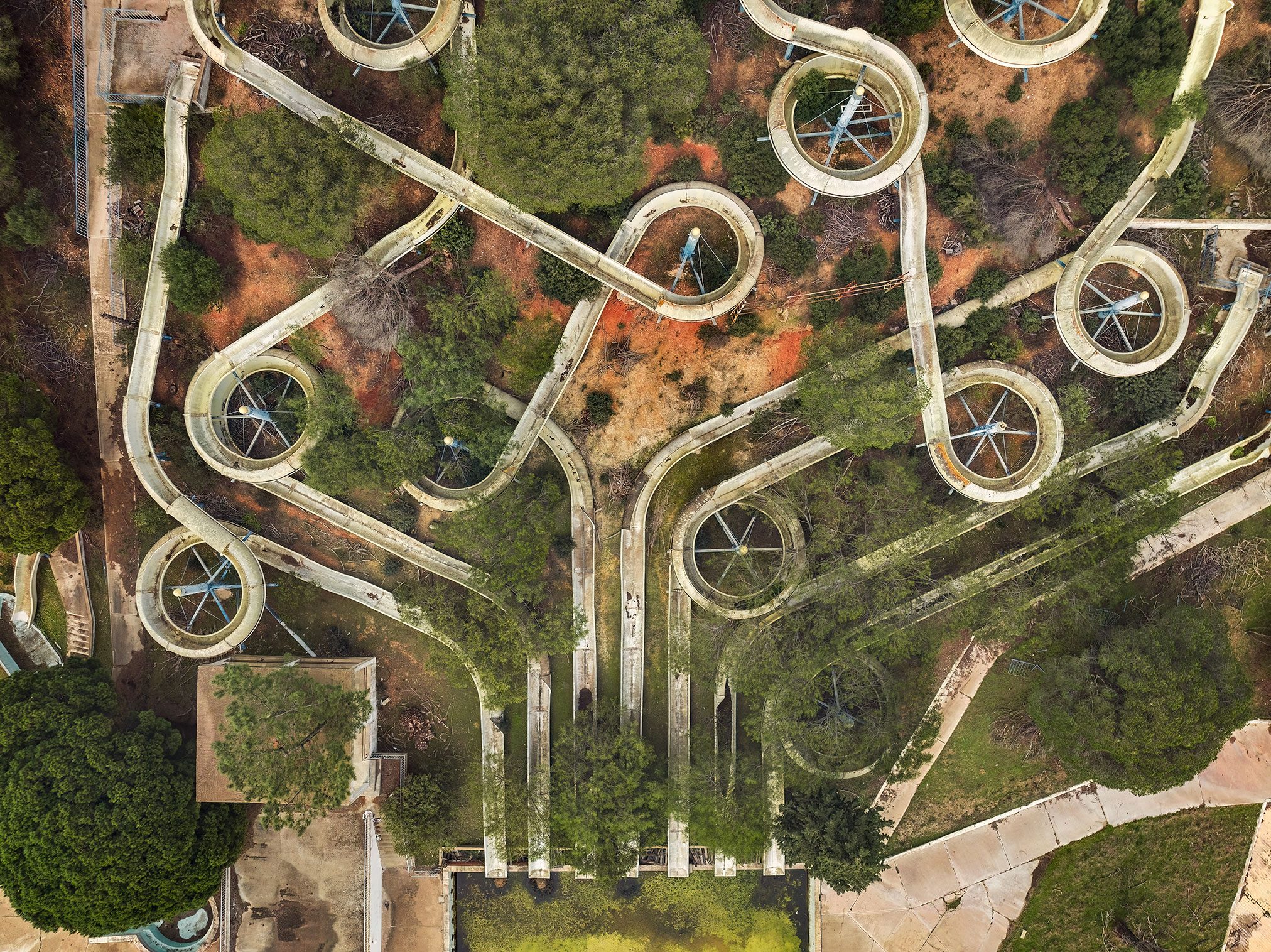 Abandoned waterslides of a water park seen from above, Algarve, Portugal