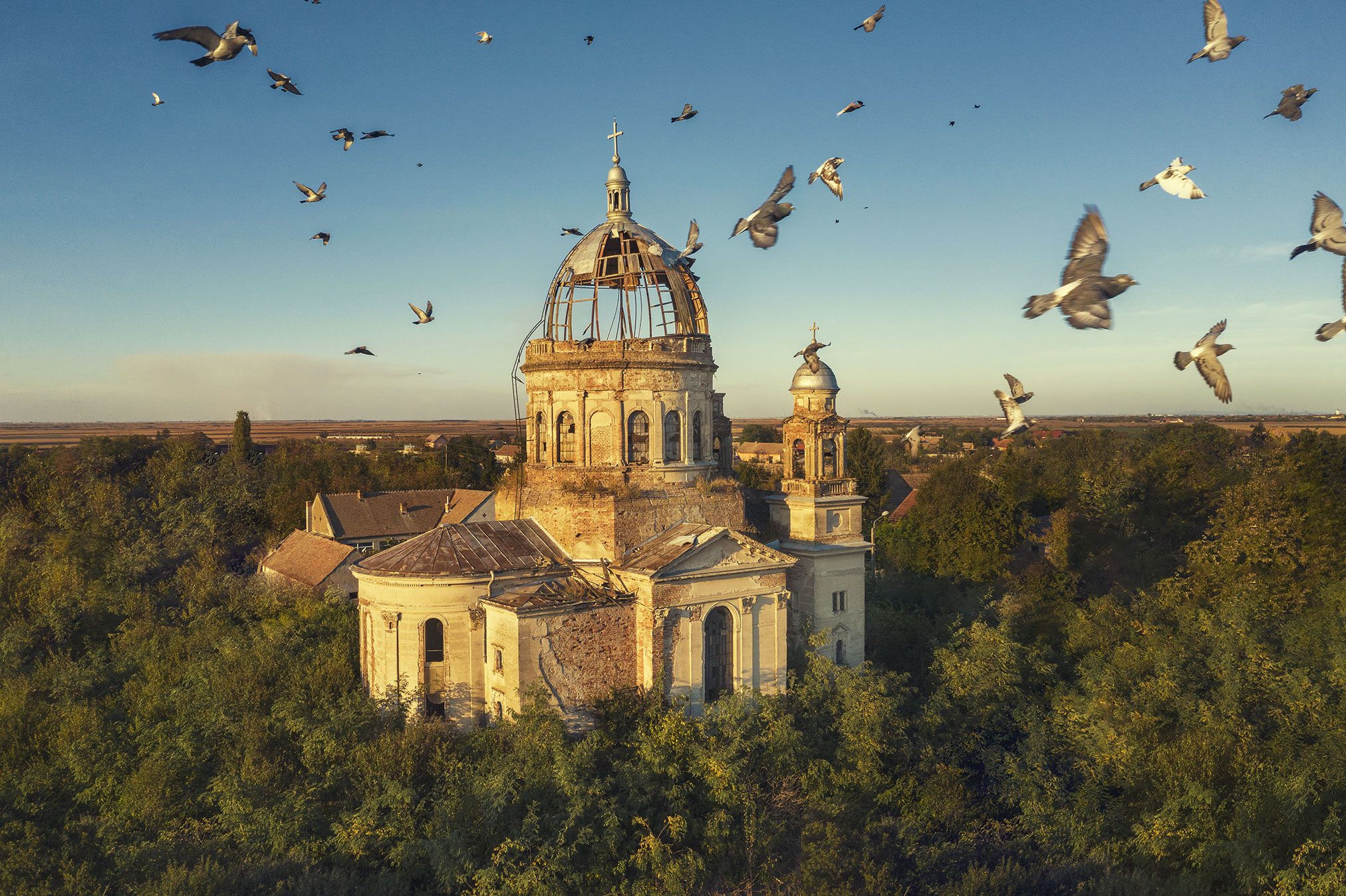 Church with a golden dome and a flock of birds near Bobda, Romania