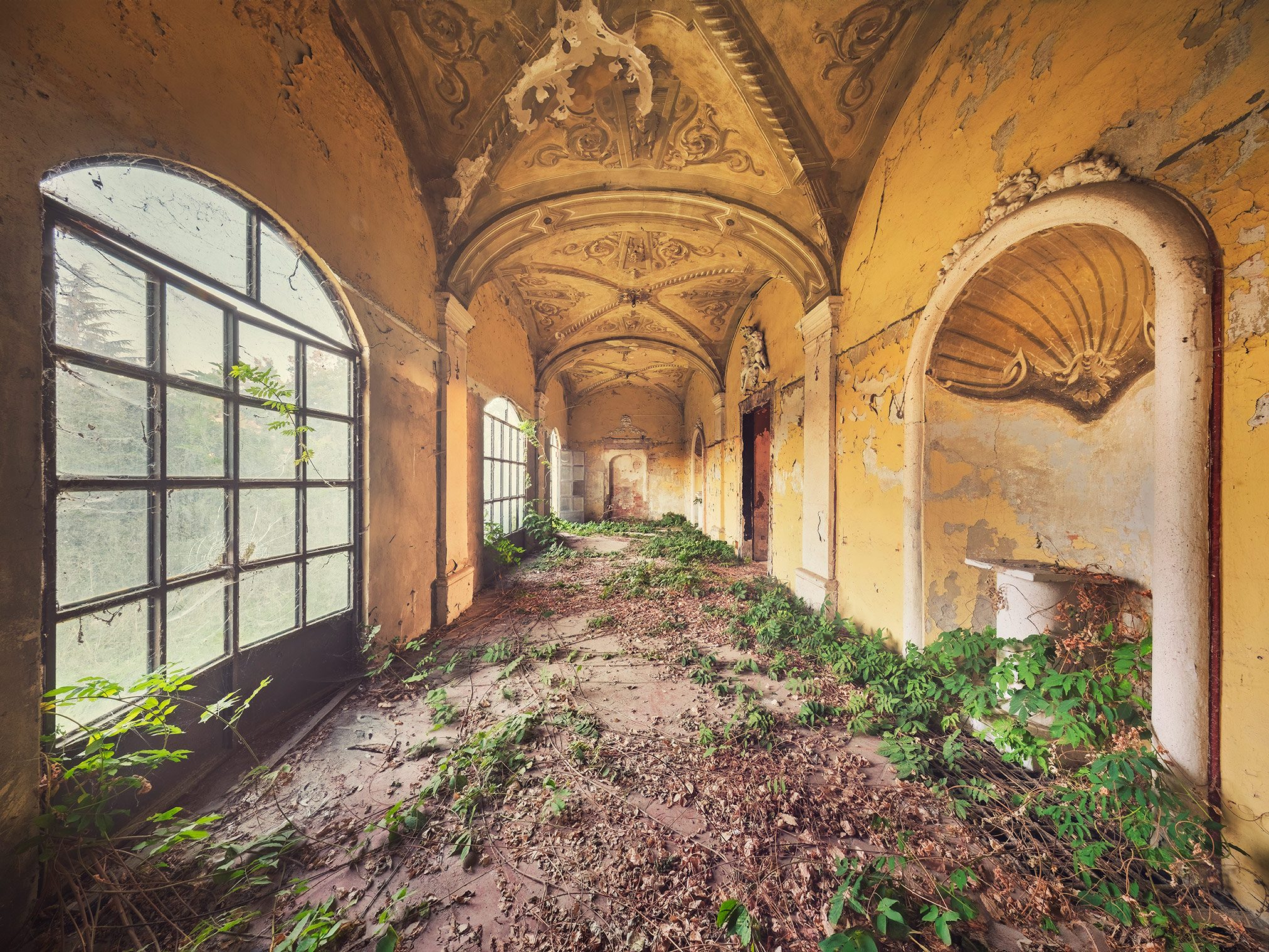 Overgrown cloister corridor with a vaulted ceiling in Italy