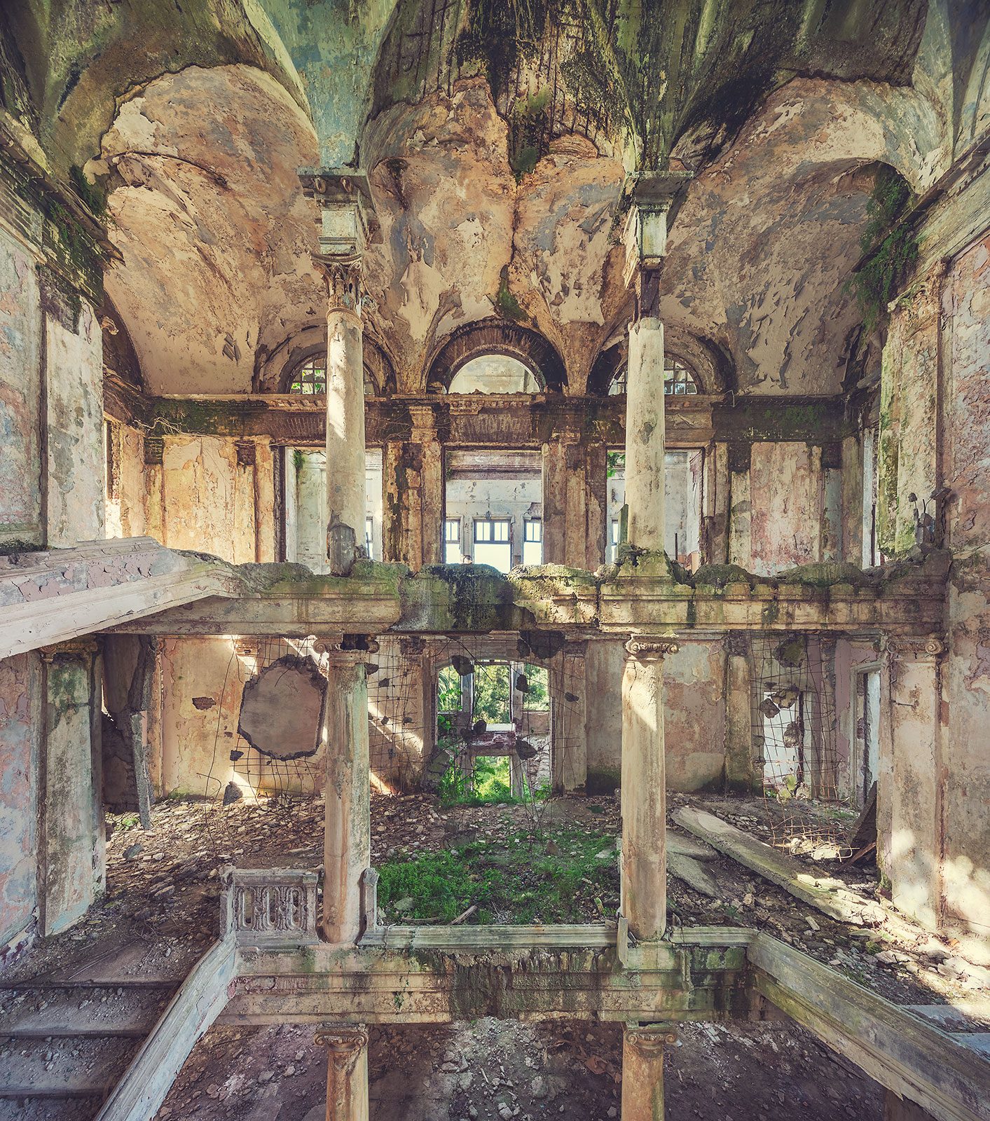 Multi-level ruined interior with collapsed floors in the Smetzky palace, Abkhazia