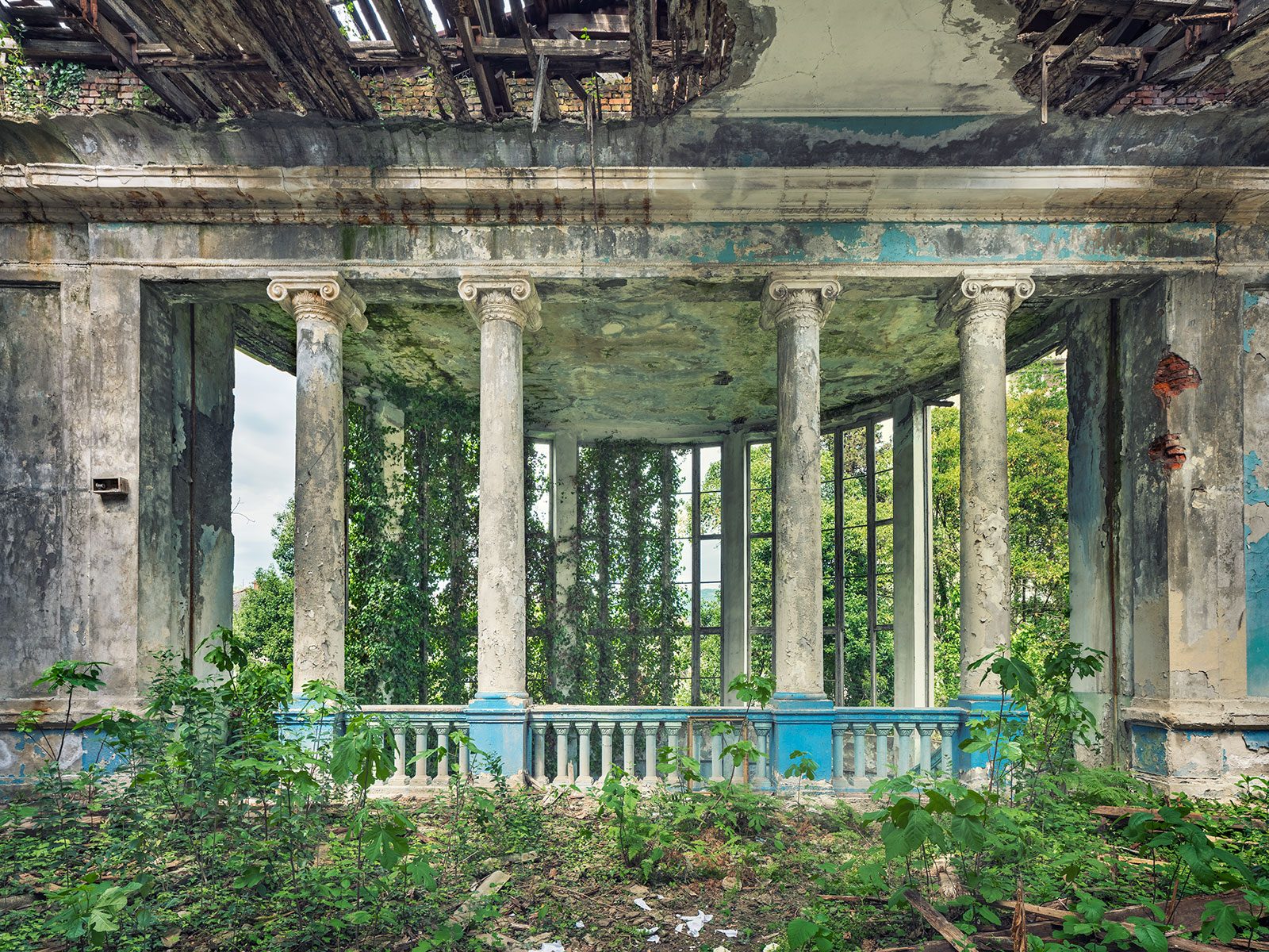 Ruined portico with Ionic columns at the House of Culture in Sokhumi, Abkhazia