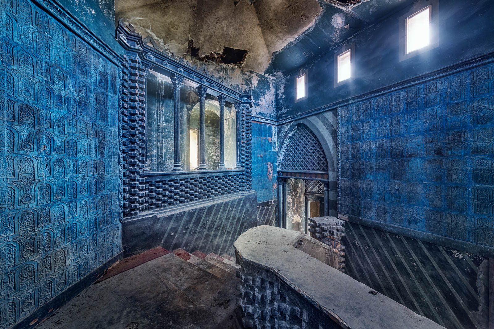 Blue-panelled room in Moorish style in Rocchetta Mattei castle, Emilia-Romagna, Italy