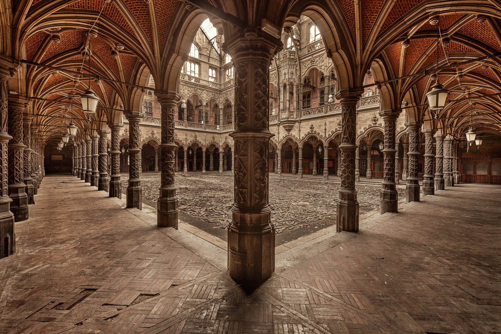 Brick-vaulted arcade hall of the old stock exchange in Antwerp, Belgium