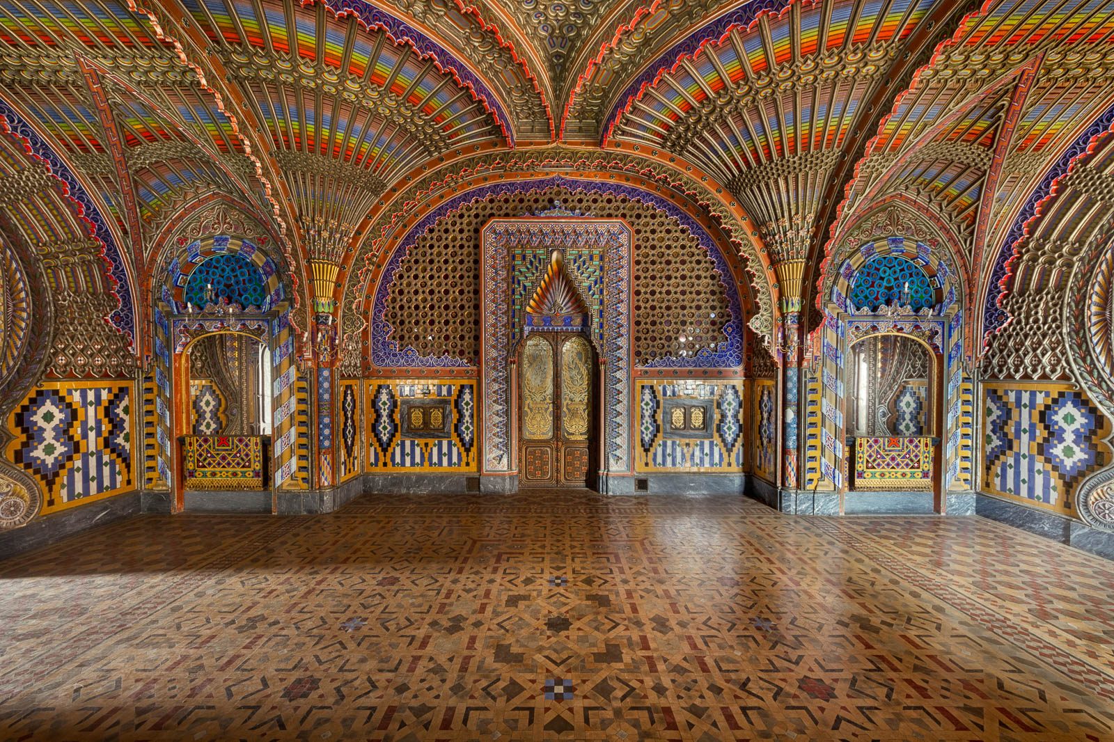Colorfully patterned Moorish-style hall with peacock motifs in Castello di Sammezzano, Tuscany, Italy