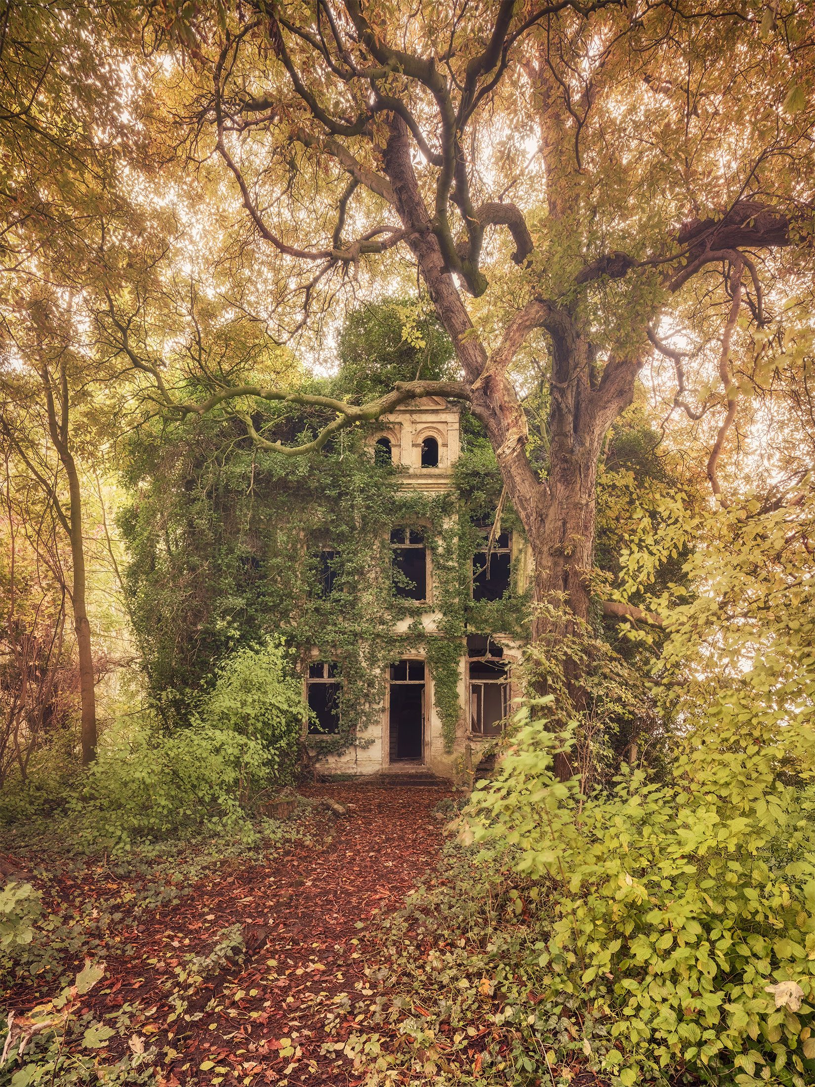 Villa of an old brickworks on the Lower Rhine framed by autumn leaves, Germany