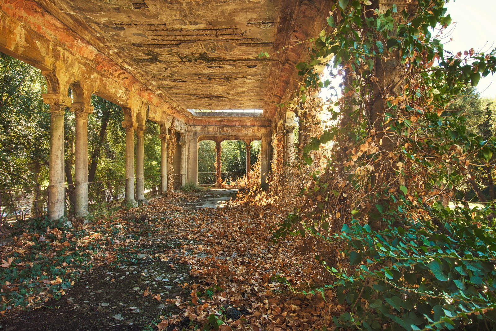 Leaf-covered colonnade in an old bathhouse in Tuscany, Italy