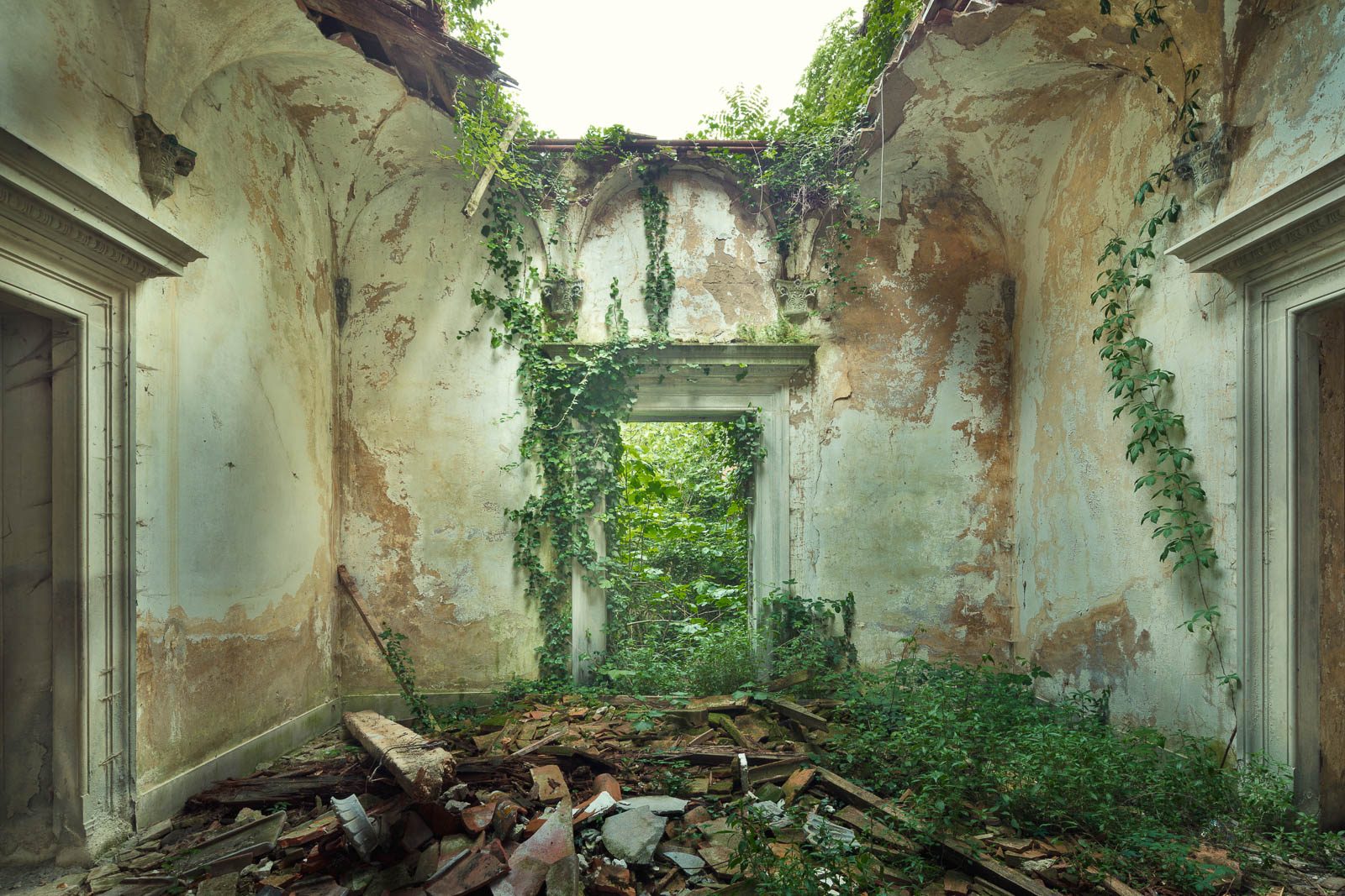 Derelict room opening onto greenery in a castello in Tuscany, Italy