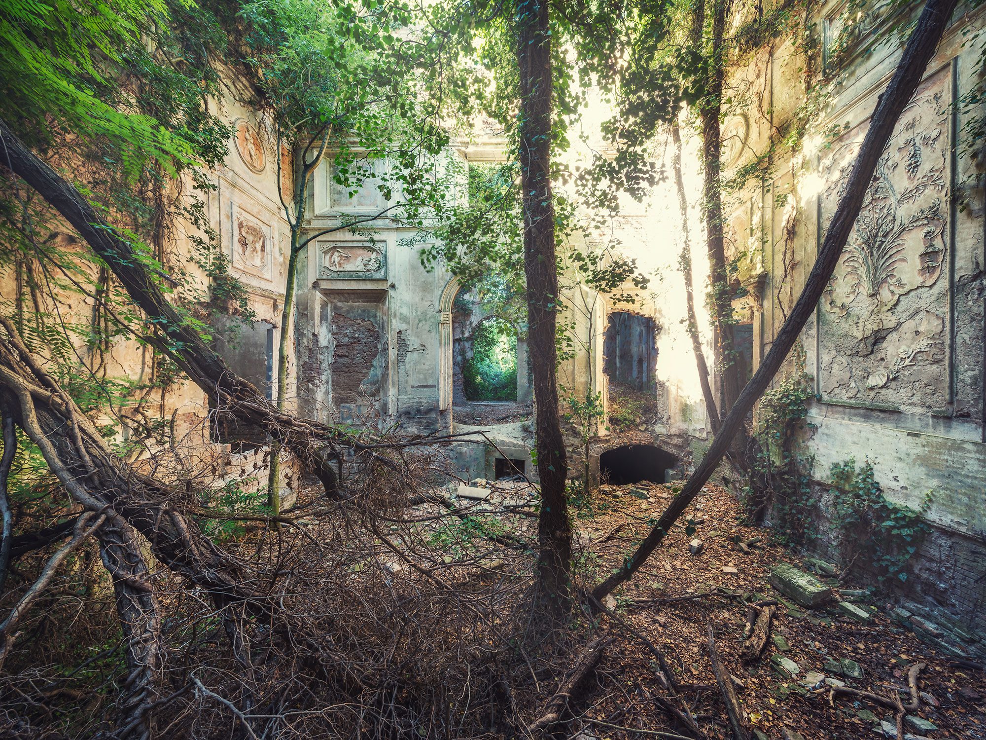 Baumbewachsener Innenraum mit Fresken einer Villa in der Emilia-Romagna, Italien