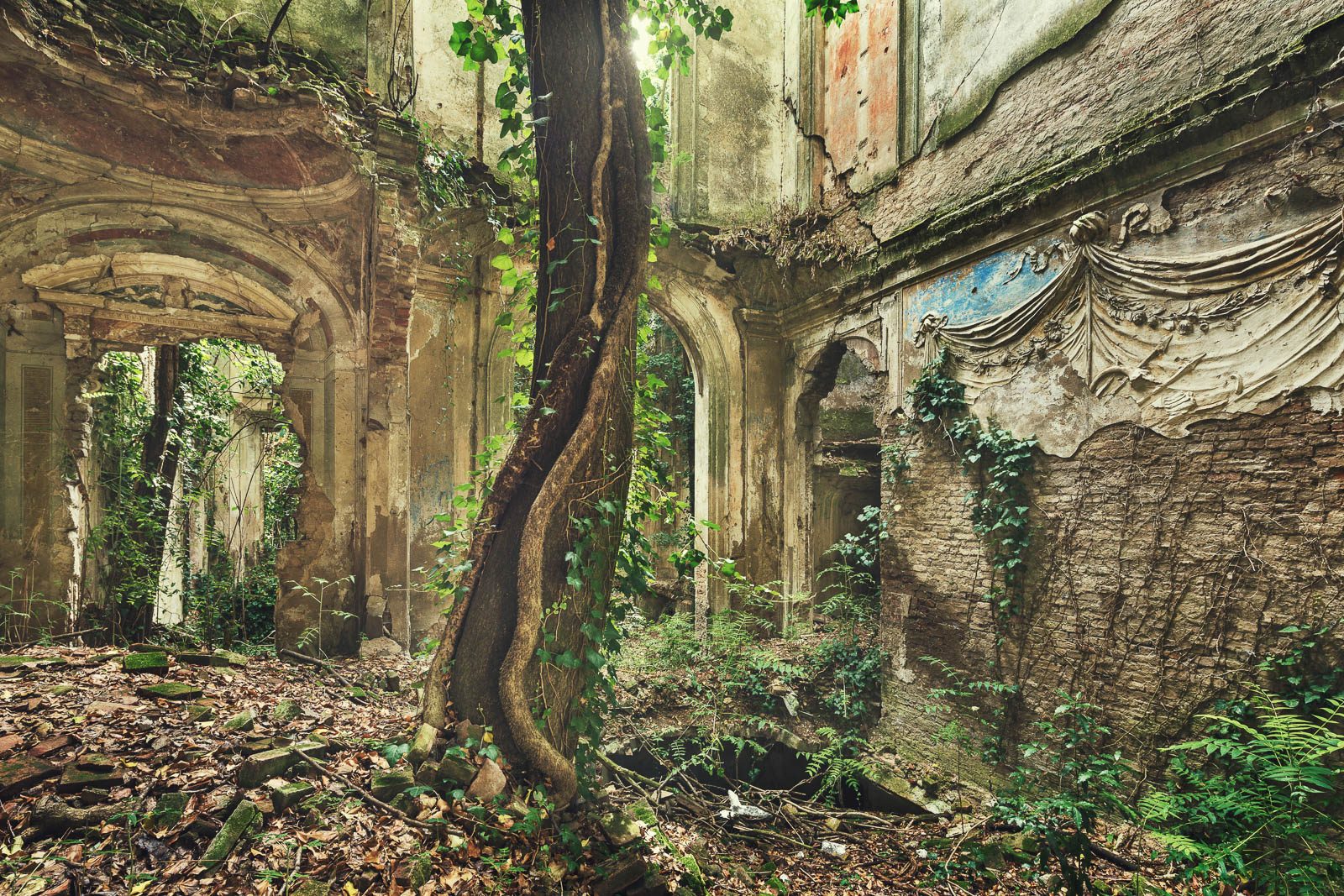 Autumn-coloured arcade at a forgotten villa in Emilia-Romagna, Italy