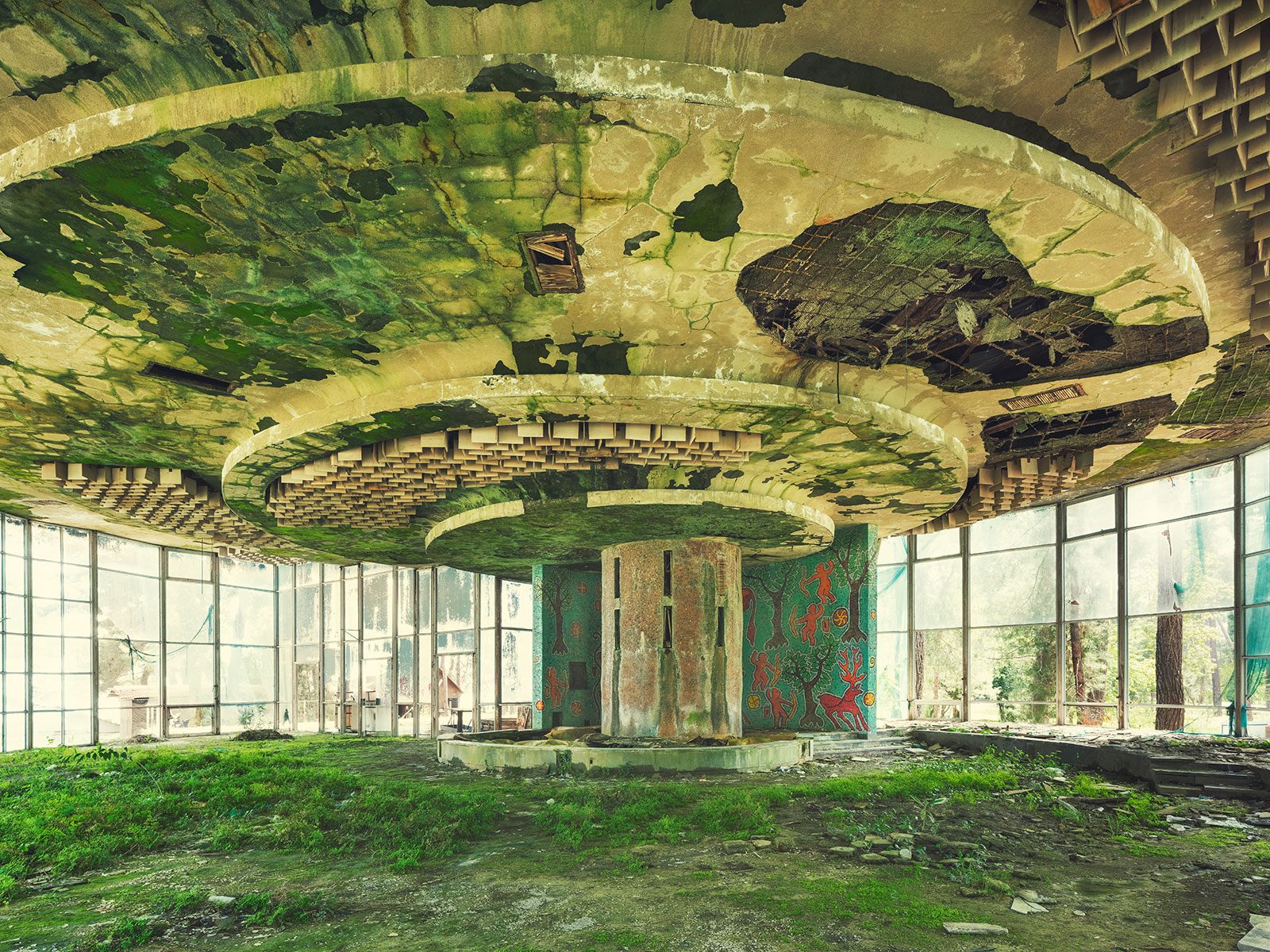 Round tiered ceiling of an abandoned restaurant on the Black Sea coast, Abkhazia