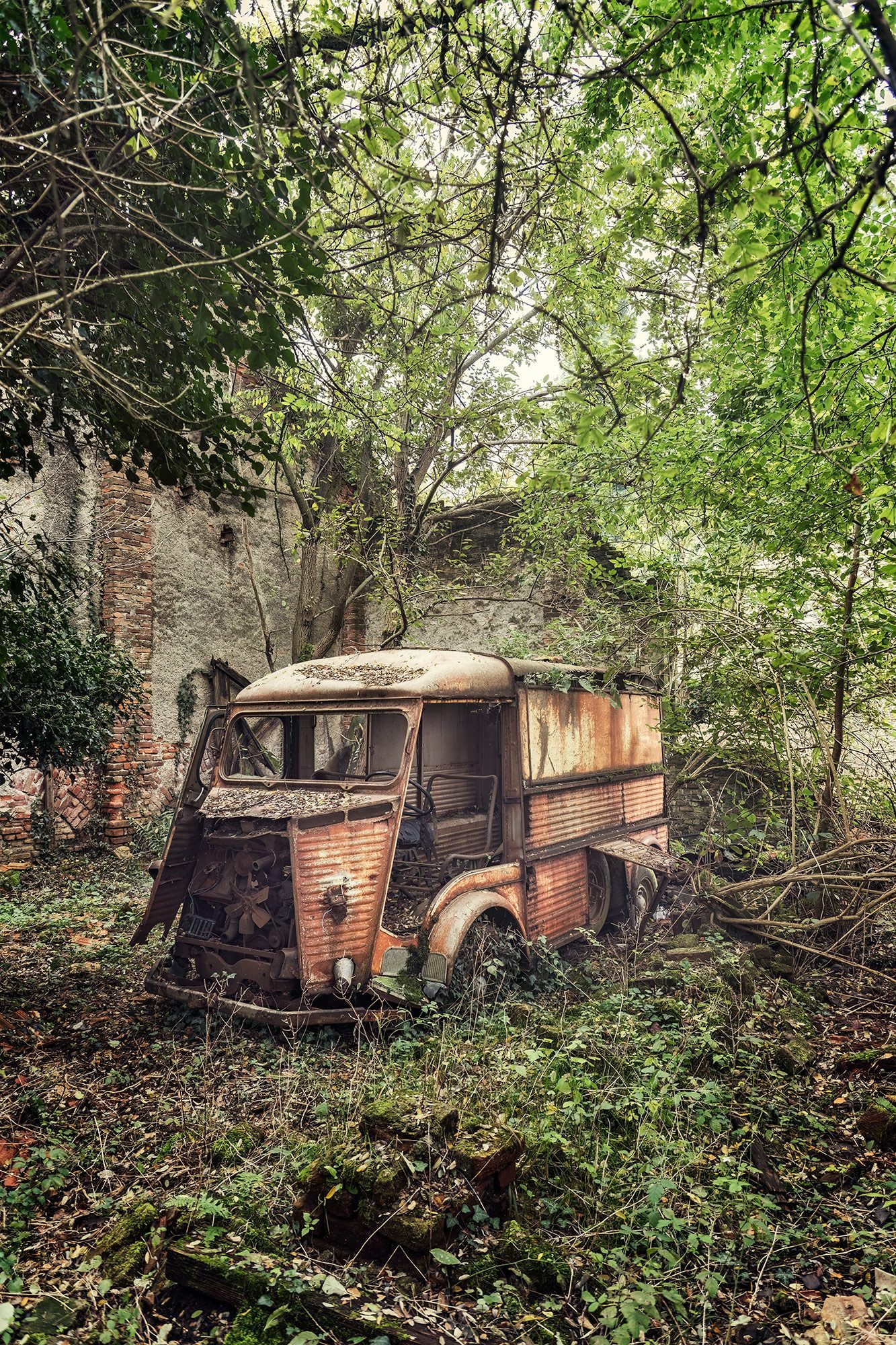Rusted delivery van amid ruined walls and trees in Italy