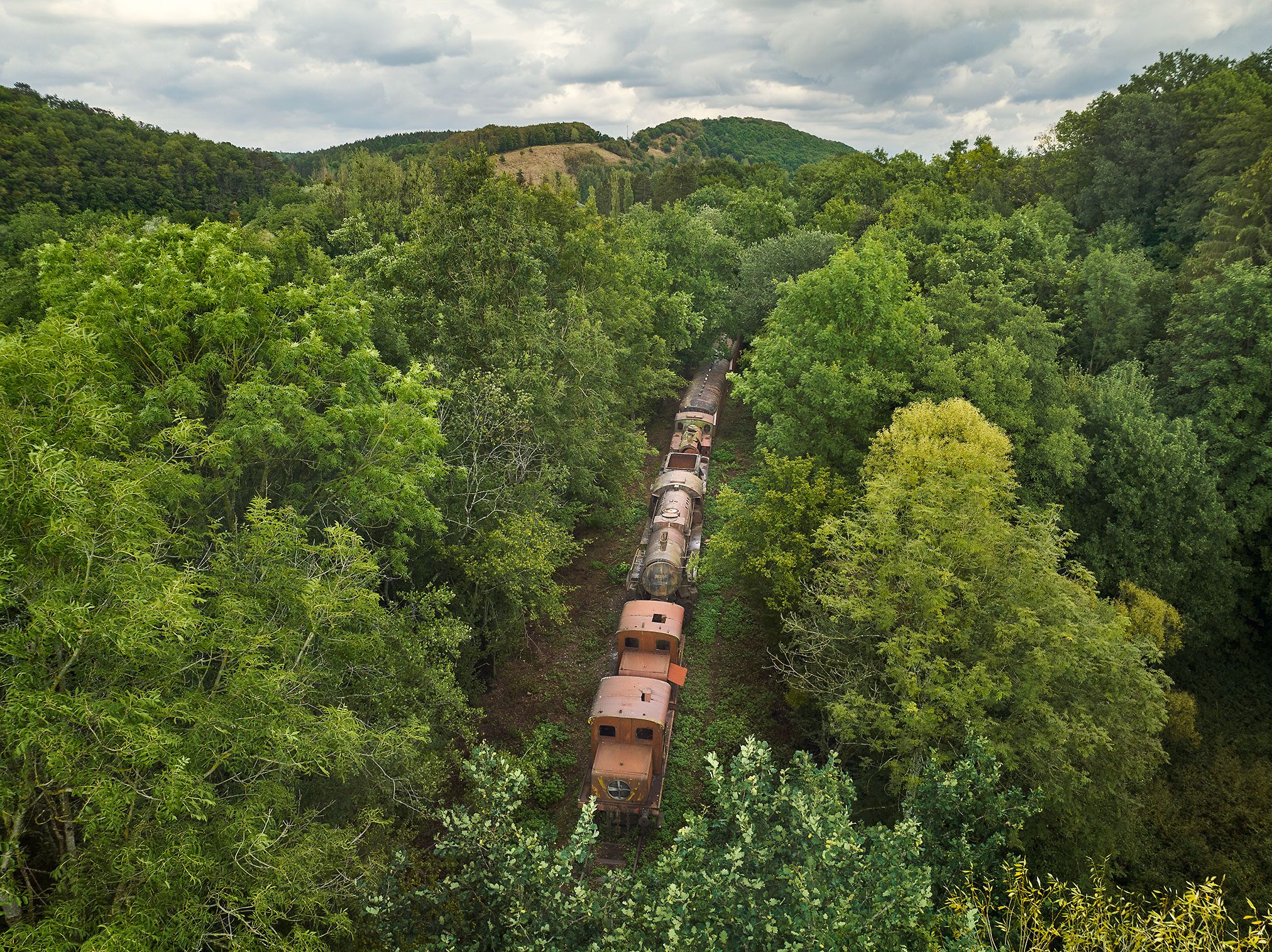 Row of rusting locomotives and wagons in the Ardennes forest, Belgium, aerial view