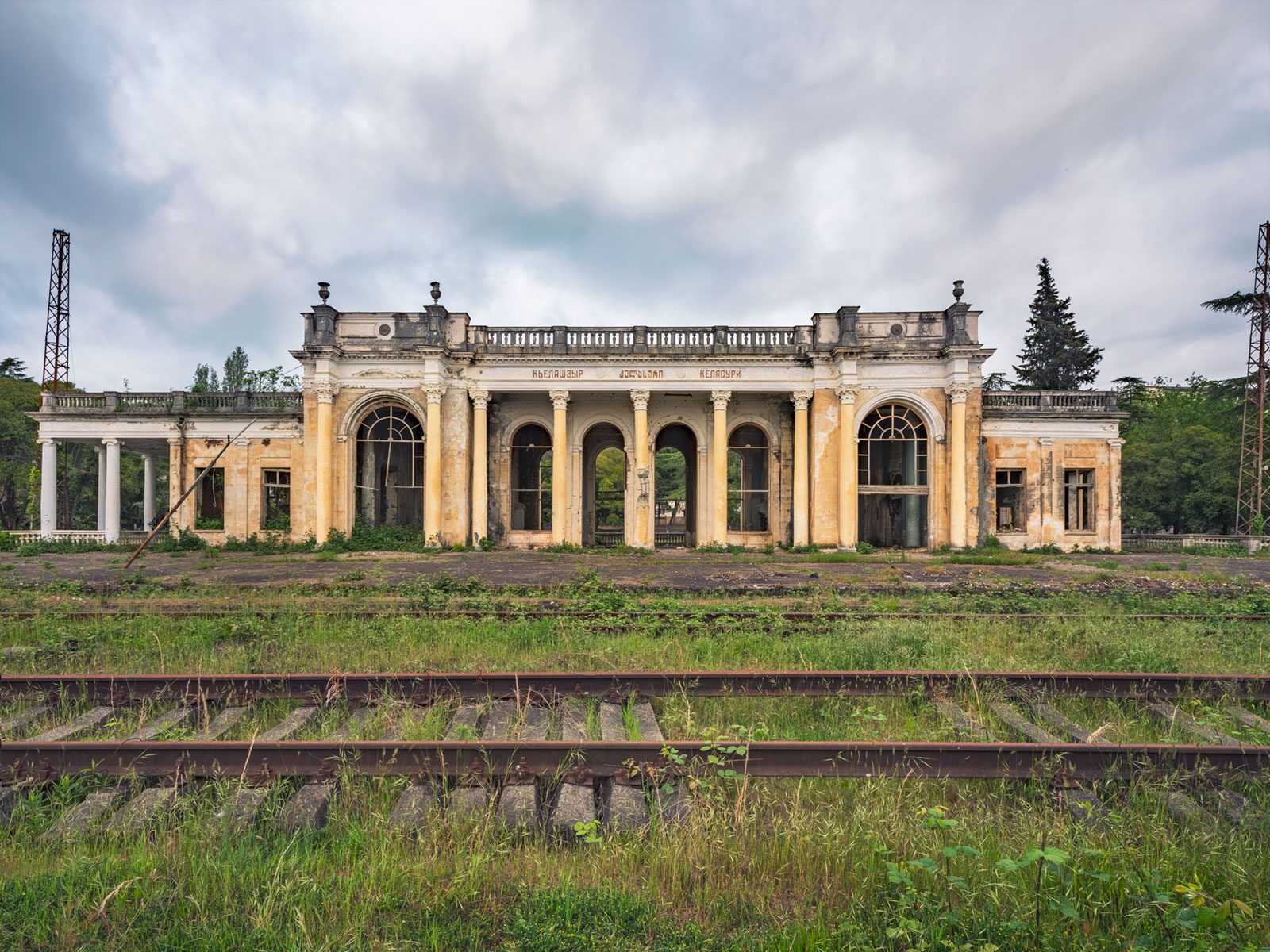 Abandoned railway station with a neoclassical facade in Sukhumi, Abkhazia, Georgia