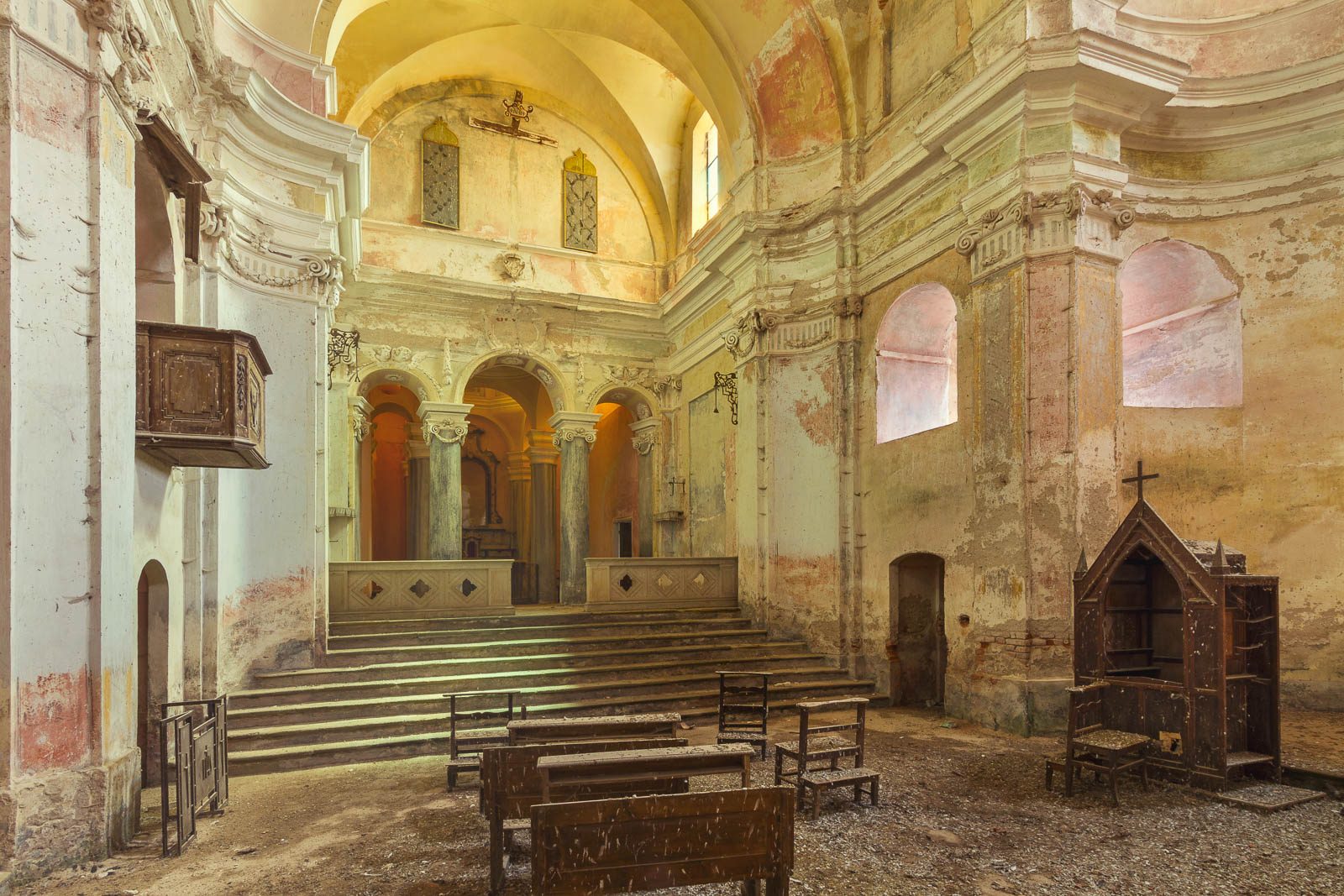 Abandoned church bathed in golden light in Italy
