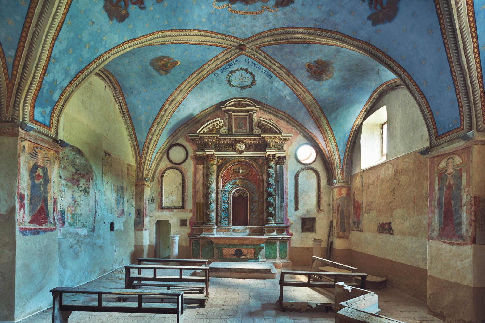 Chapel with blue vaulted ceiling in an earthquake affected area in Italy