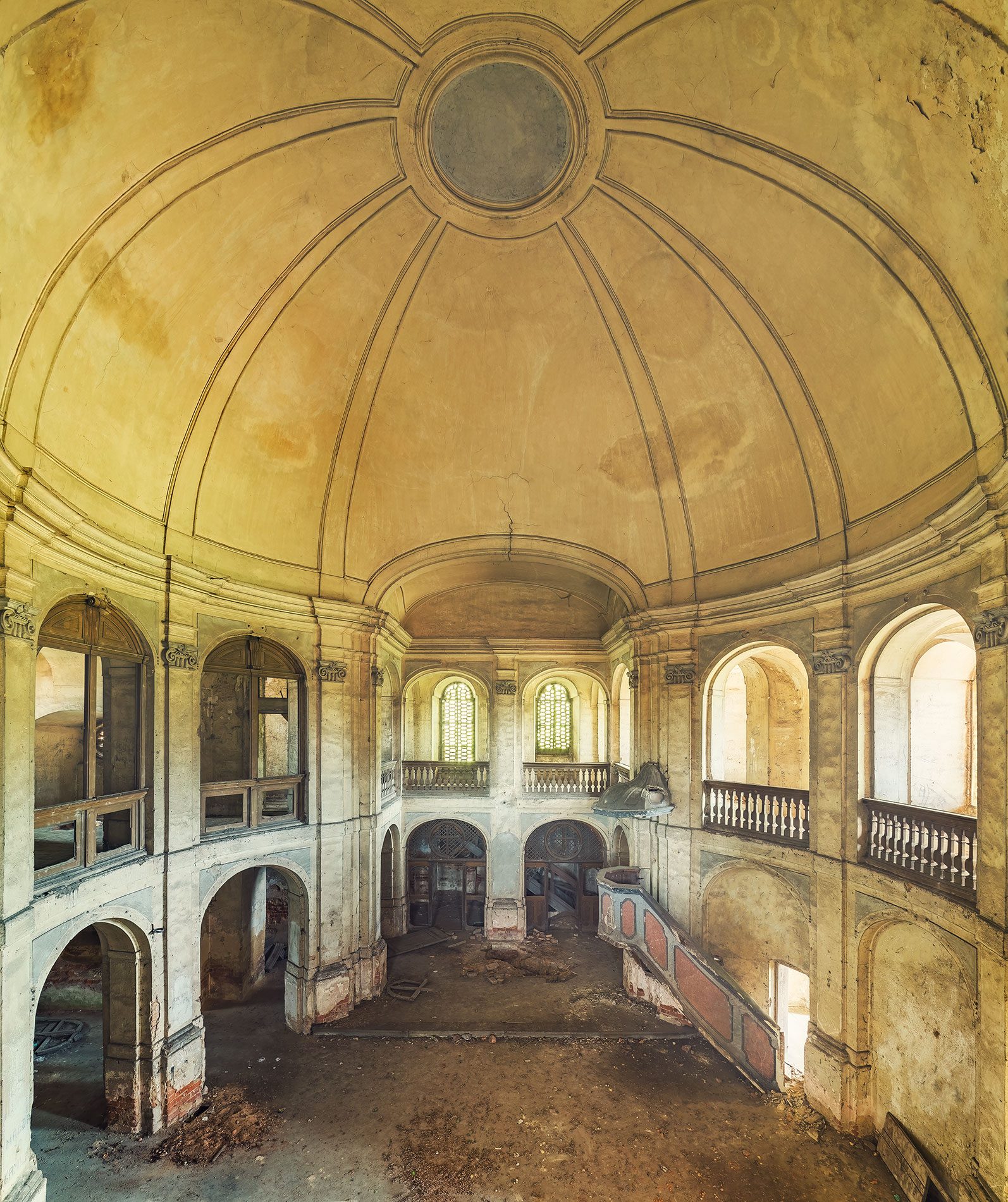 Round hall with domed ceiling of an old church in Poland
