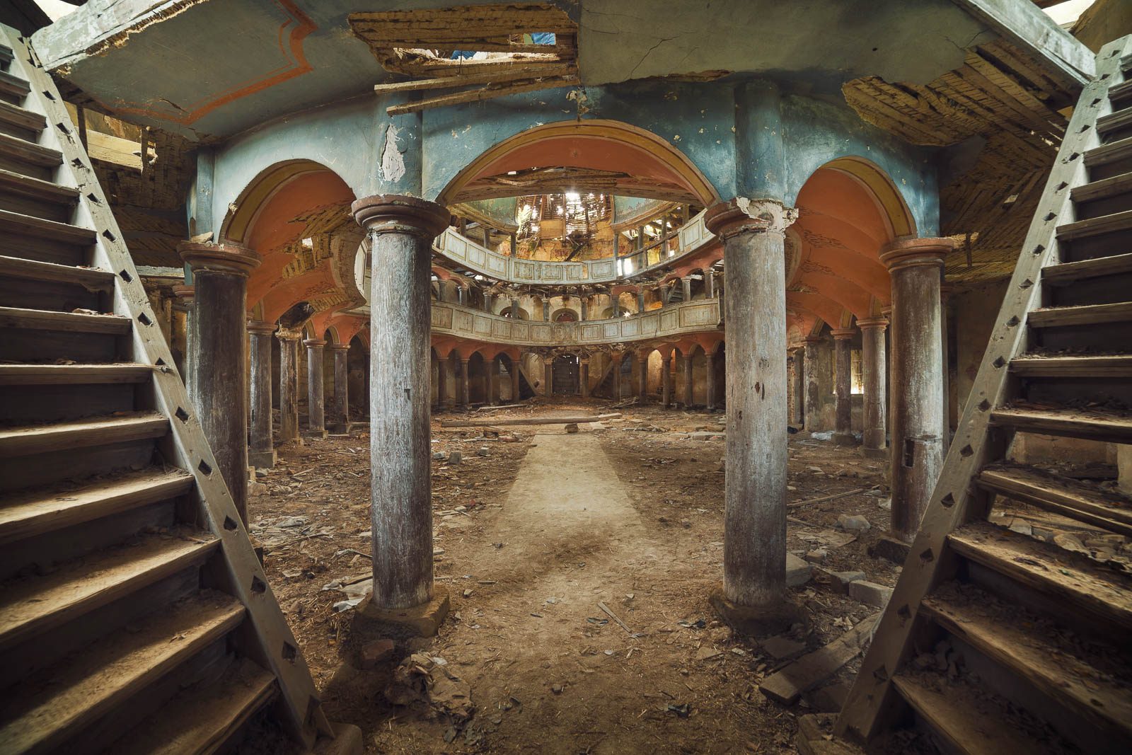Round church hall with encircling galleries in Poland