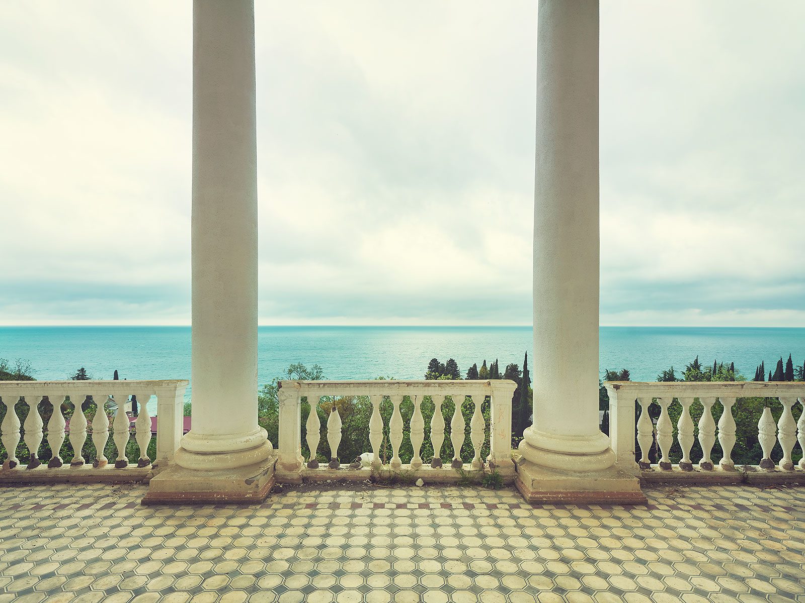 Two columns and a balustrade overlooking the sea at the Black Sea
