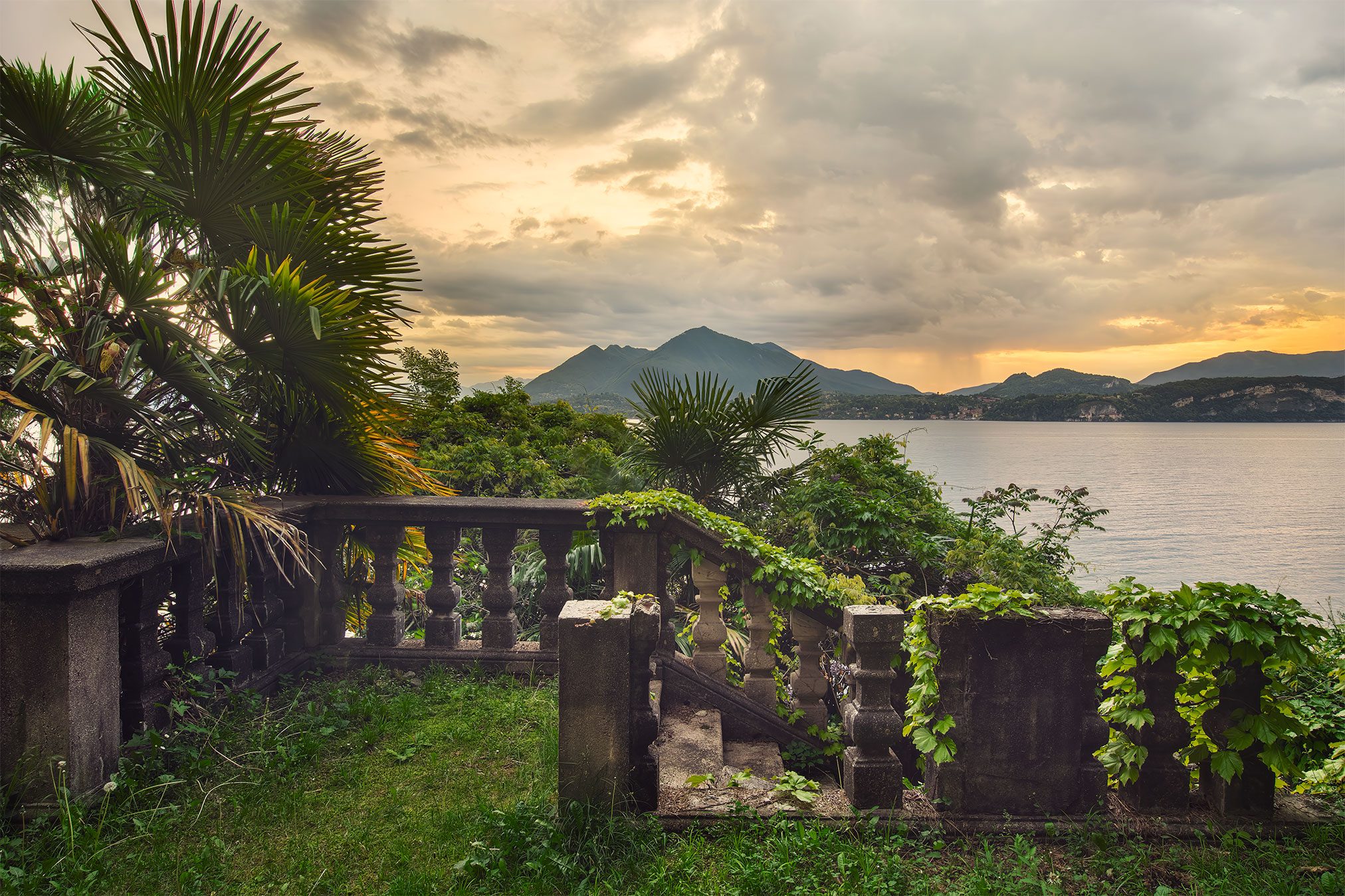 Terrace with a palm tree overlooking a lake in Italy