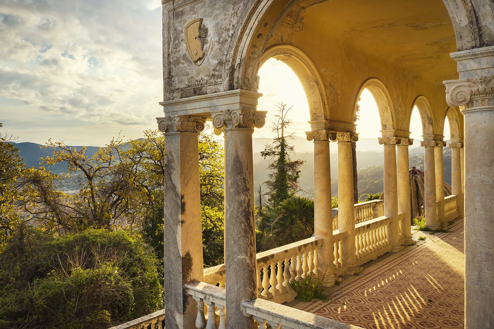 Arcaded loggia overlooking the coast in Italy