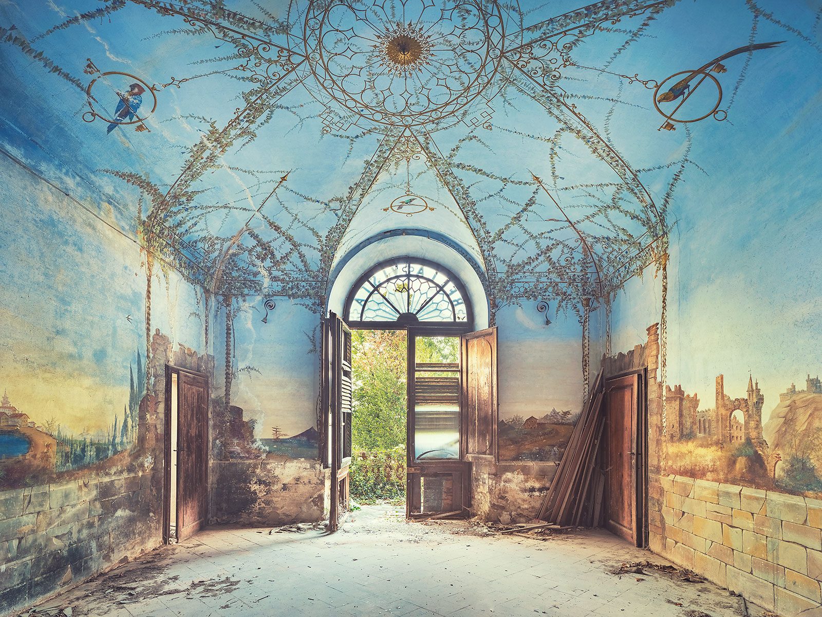 Wandgemälde mit Landschaft in der Villa Bellavista in der Toskana, Italien