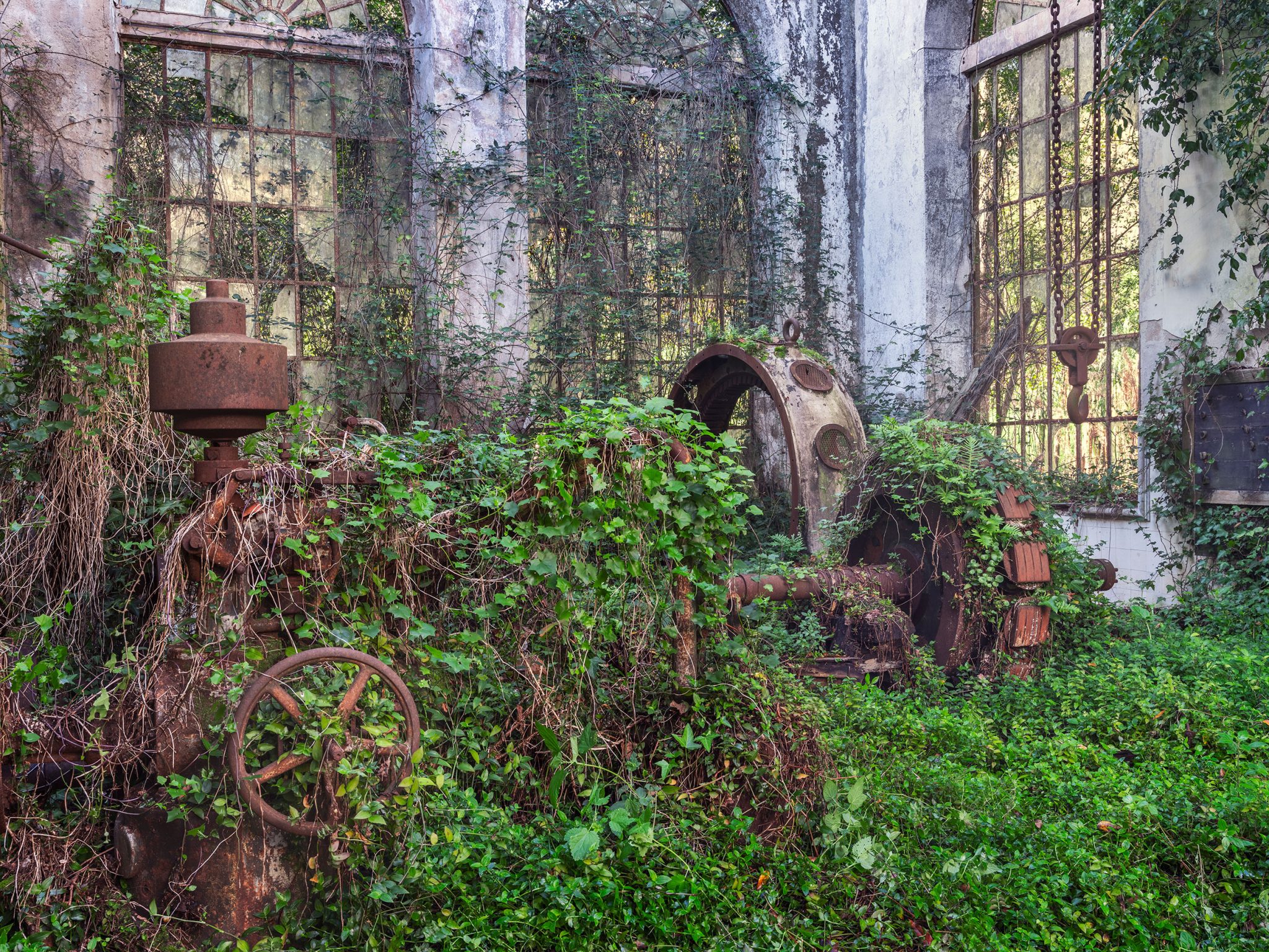Ivy-covered machine remains in a hydroelectric plant in Portugal