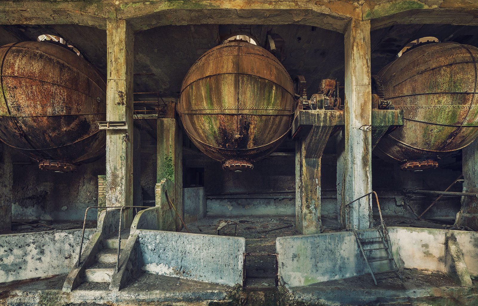 Spherical containers in a decommissioned paper factory in Italy