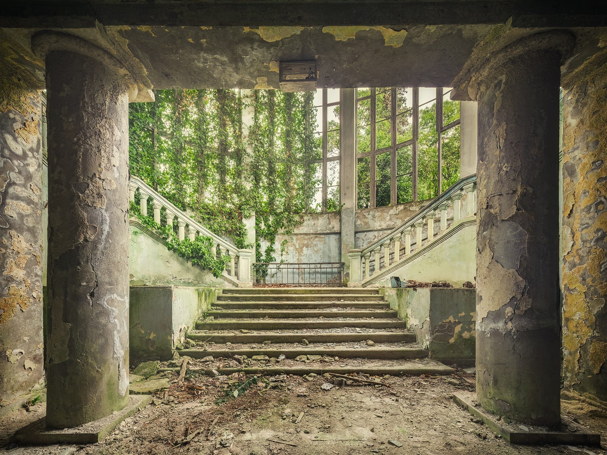 Ivy overgrown staircase in an abandoned house of culture in Georgia