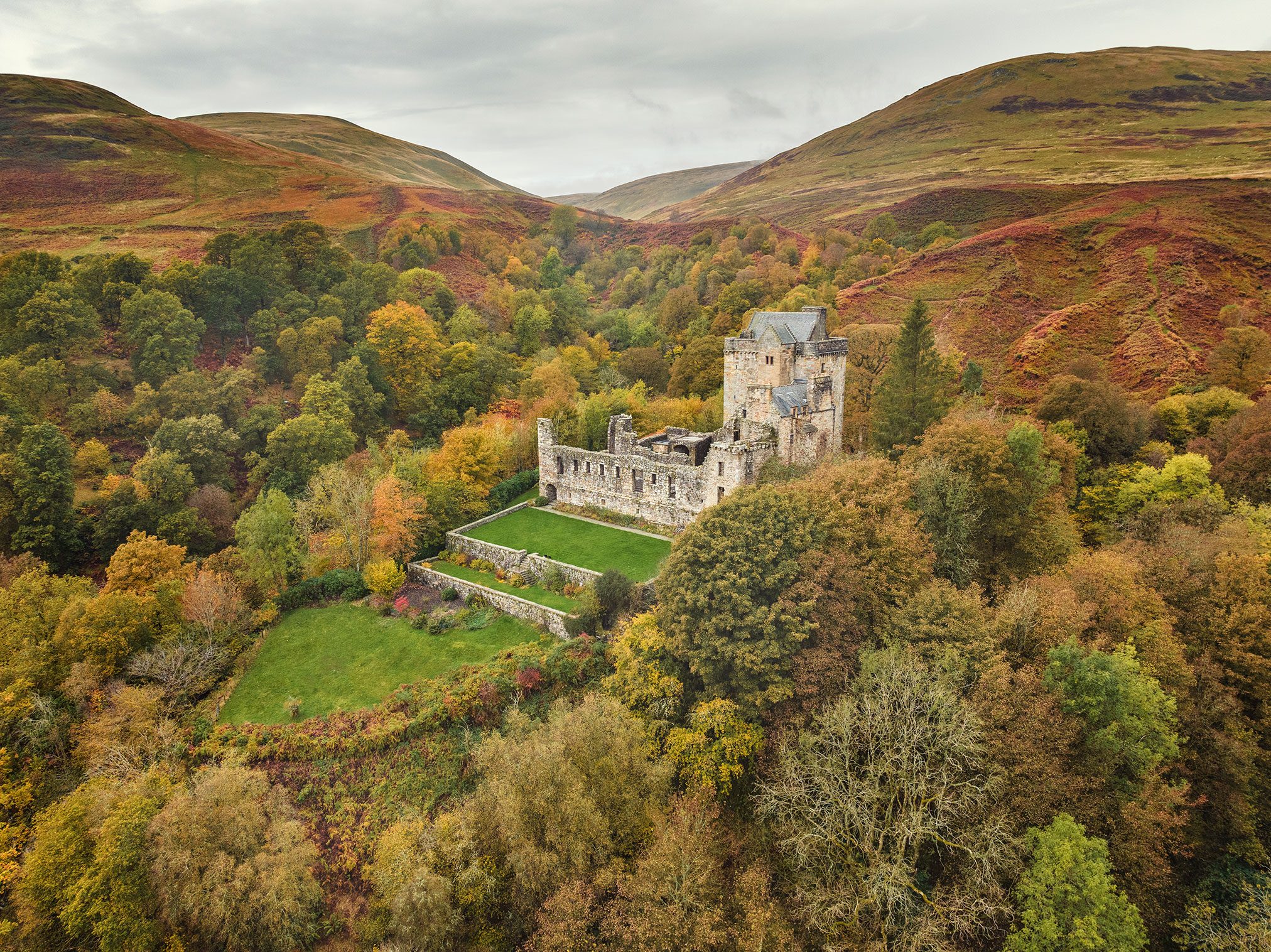 Tower ruin with a terraced garden in the Highlands, Scotland