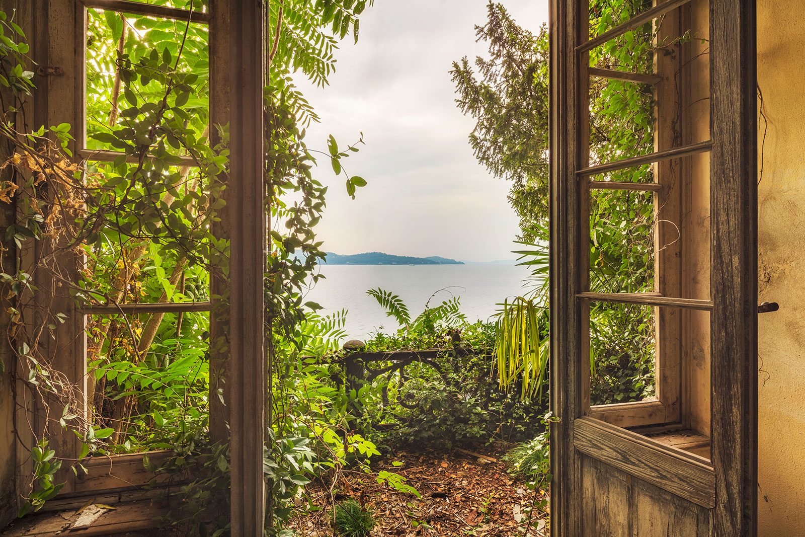Offene Flügeltür mit Seeblick durch wuchernde Pflanzen in Italien