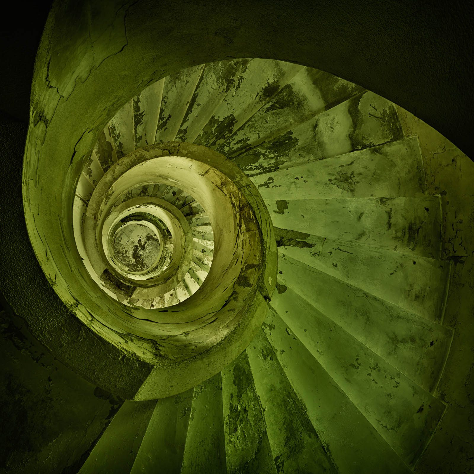 A spiral staircase in deep green tones in an abandoned holiday camp in Italy