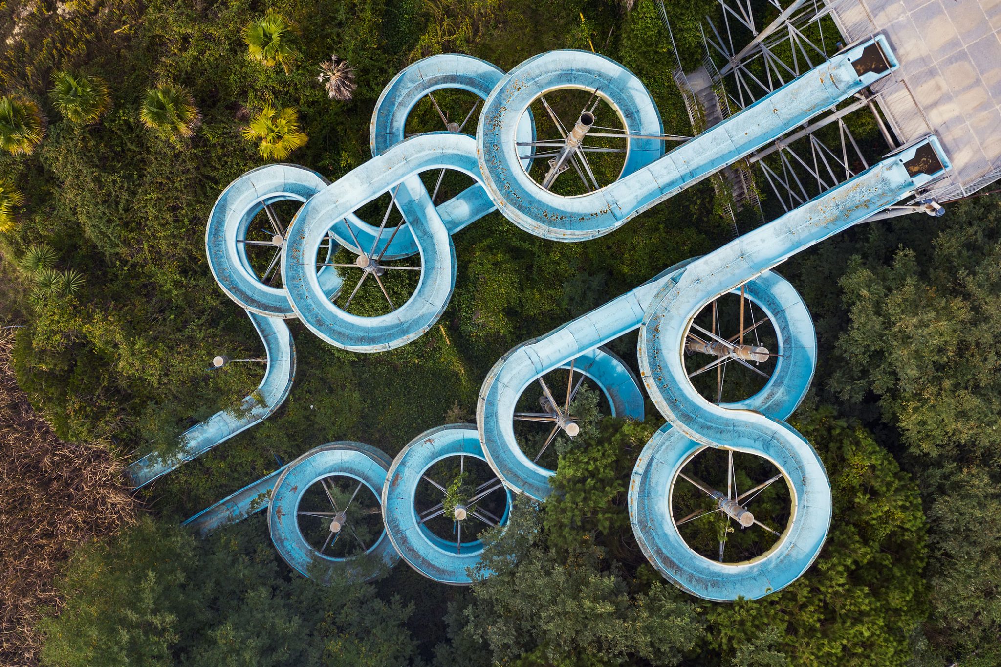 Tangled water slides at an abandoned water park on the Adriatic coast, Italy