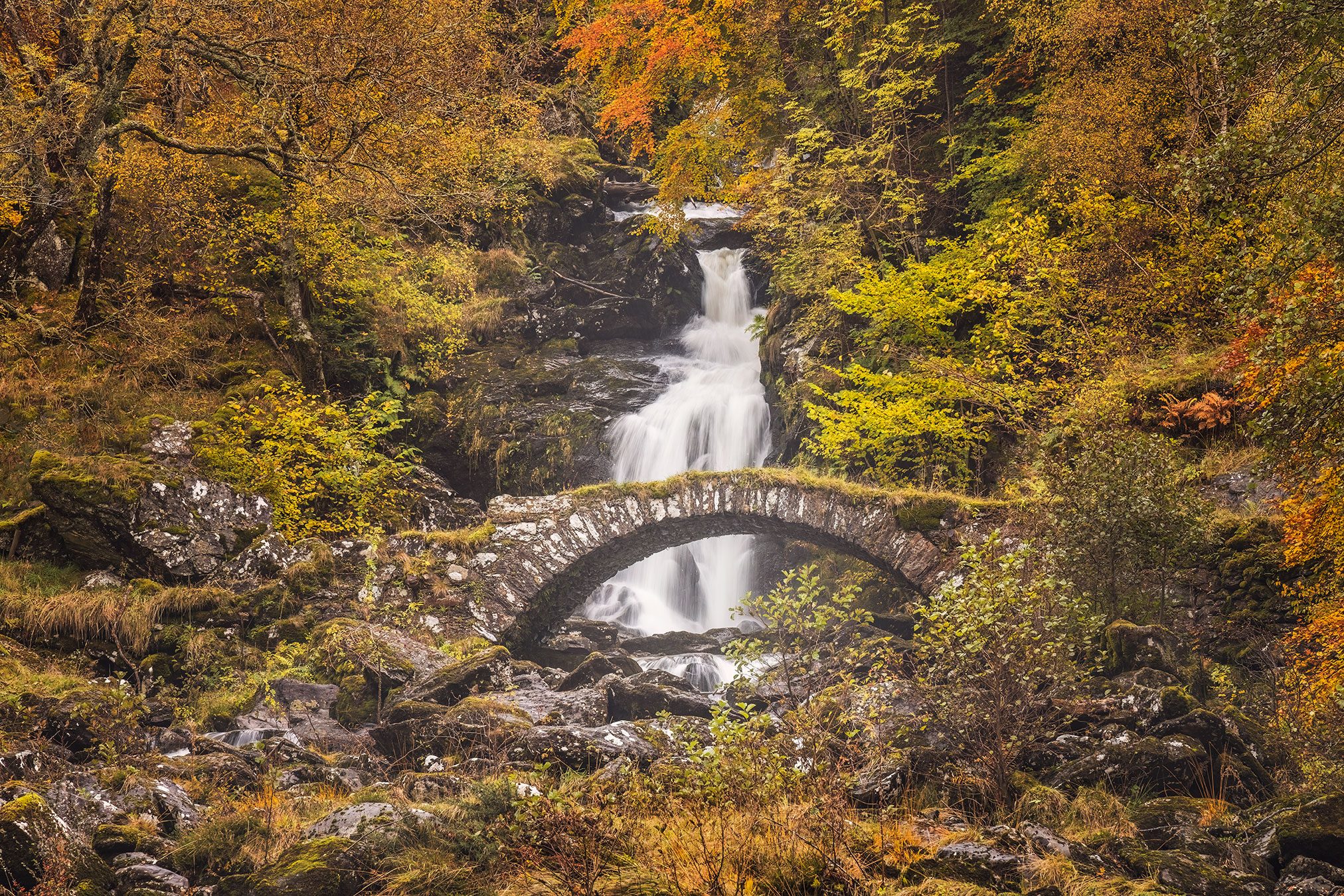 Stone arch bridge at a waterfall in an autumn forest, Scotland