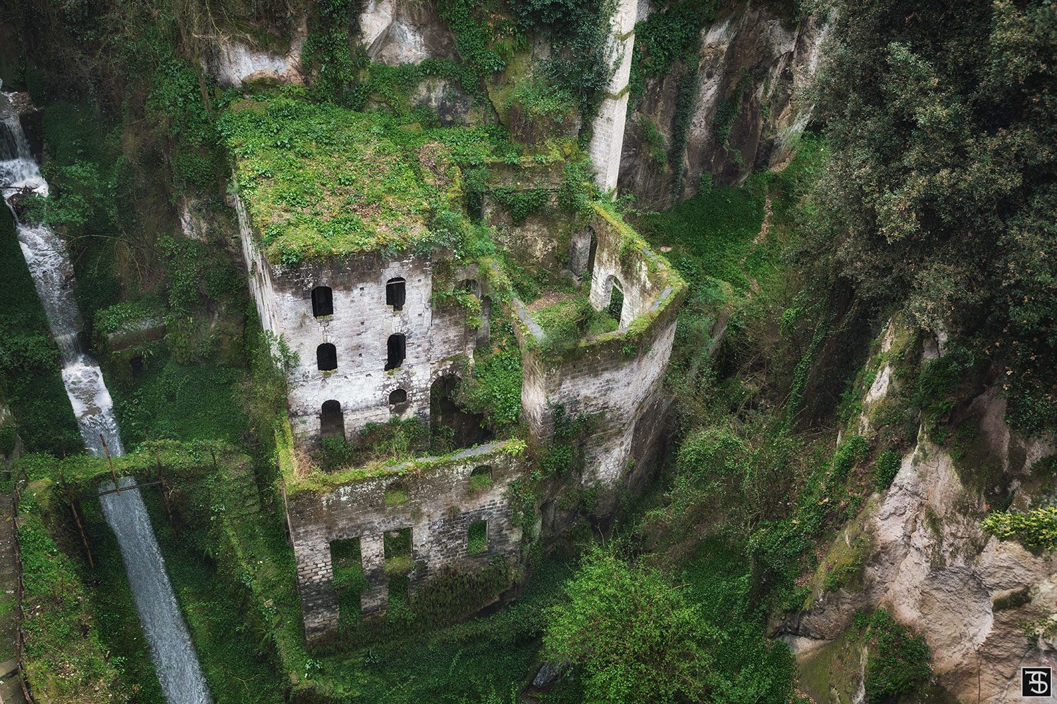Multi storey mill ruin on a cliff face, Campania, Italy