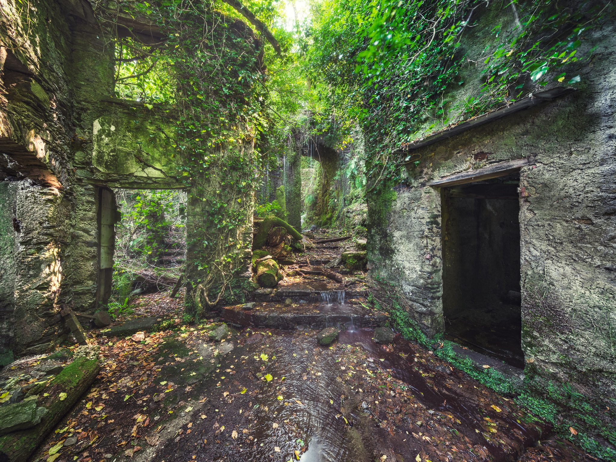 Ruine im Mühlental mit Wasserlauf, Toskana, Italien